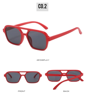 Multiple views of red square PC frame sunglasses with grey lenses and double bridge