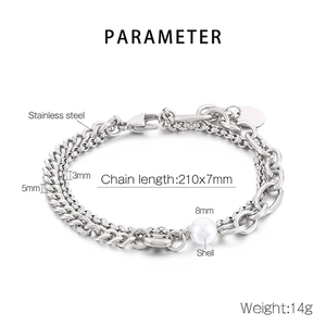 Detailed parameter view of a double-layered stainless steel chain bracelet with shell pearl