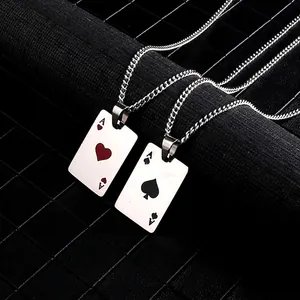 Hip-hop poker Ace of Hearts and Spades couple pendant necklaces in silver steel