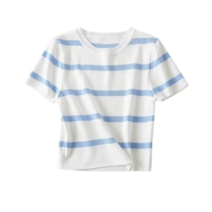 Slim fit women's short sleeve knit top with light blue and white horizontal stripes