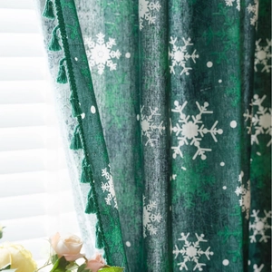 Dark green Christmas curtain with white snowflake patterns and tassel edges for windows