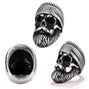 Retro Stainless Steel Bearded Skull Ring For Men Biker Punk Gothic Mustache Ghost Head Jewelry Beanie Hat Design
