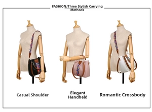 Detail showing women's PU leather bag with colorful woven strap in three wearing styles