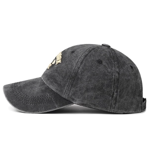 Vintage washed cotton baseball cap in dark grey with yellow York embroidery for unisex wear