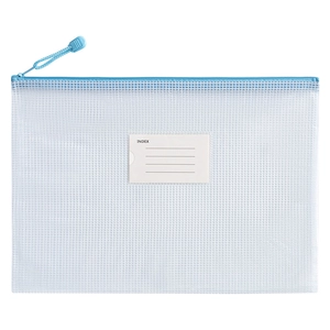 A4 blue grid mesh document bag with waterproof zipper and transparent ID card slot
