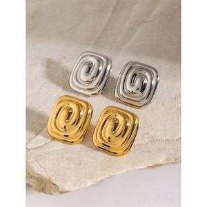 18k gold and silver plated stainless steel rectangular earrings with spiral texture design