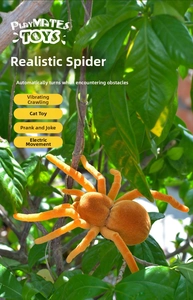 Macro detail of realistic orange flocked electric spider toy crawling on green plants