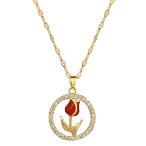 Elegant gold tulip necklace with red enamel and sparkling zircon round pendant