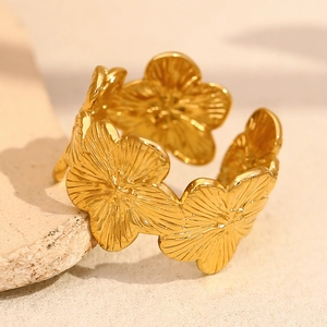 18K gold plated stainless steel floral open ring with detailed flower engravings