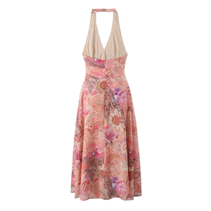 Pink paisley backless maxi dress with halter neck and drawstring waist for beach vacation