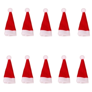 Set of 10 mini red Christmas hats with white pom poms for cutlery and holiday decor