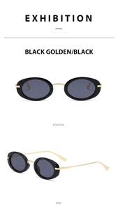 Detailed front and side view of Y2K oval sunglasses with black frames and gold metal temples