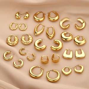 Stainless Steel Geometric Hoop Earrings 18K Gold Plated Chunky C-Shape Heart Twisted Retro Fashion Jewelry For Women