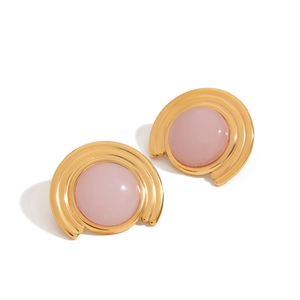 18K gold stainless steel ribbed hoop earrings with round rose quartz gemstone