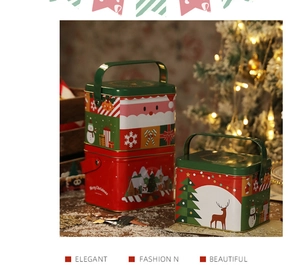 Scatole regalo di Natale in latta con manici e decorazioni festive di Babbo Natale