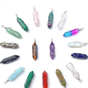 Natuursteen Kristal Zeshoekige Kolom Hangers Draad Omwikkeld Bullet Point Healing Edelstenen Mode-Sieraden Voor Vrouwen