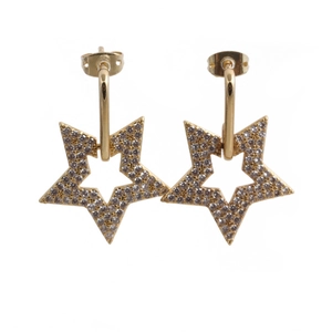 Elegant gold-plated star hoop earrings with sparkling zircon crystals on white background
