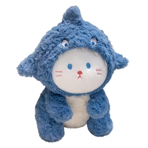 Süße Katzen-Plüschfigur im blauen Hai-Hoodie mit feiner Stickerei und weichem Stoff