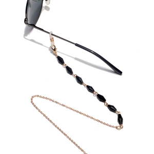 10mm oval crystal eyeglass chain with black faceted beads and gold metal links