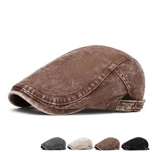 Retro Washed Cotton Denim Beret Hat Flat Cap Newsboy Cap Adjustable Metal Buckle Sun Shade Vintage For Men Women Unisex