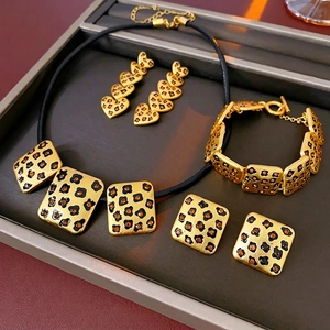 Vintage Leopard Print Jewelry Necklace Bracelet Earrings Alloy Enamel Rhinestones With Silver Earring Post For Women