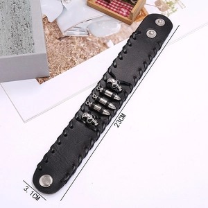 Punk black cowhide leather bracelet with silver skull and bullet studs, 23cm length