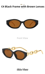 Macro detail of retro cat eye sunglasses with golden metal chain temples and brown lenses