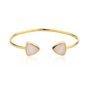 Elegant gold open bangle with white triangle opals set in a minimalist jewelry design