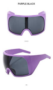 Macro detail of purple wrap-around shield sunglasses frame showing side and front views