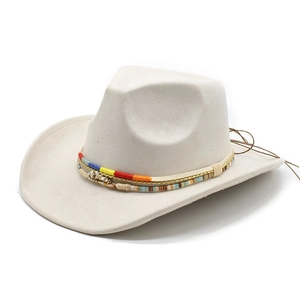 Beige faux suede western cowboy hat with colorful woven band and beaded trim on white background