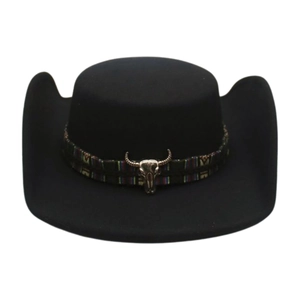 Black wool felt western cowboy hat with ethnic woven band and silver bull skull accent