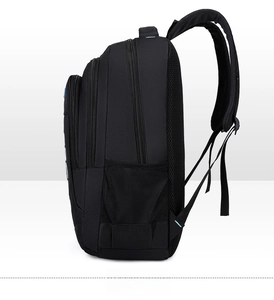 Side view of black oxford backpack showing breathable mesh back and zipper compartments