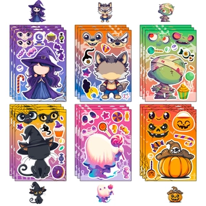 Halloween DIY make-a-face stickers featuring witch, pumpkin, and ghost cartoon characters