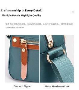 Detail of blue nylon crossbody bag featuring gold hardware and leather zipper puller