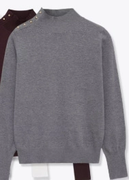 Detail of grey knit sweater showing golden shoulder buttons and mock neck collar design