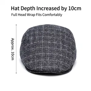 Winter plaid flat cap in dark grey with 10cm depth design for full wrap fit