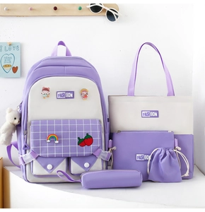 Detailed five-piece purple student backpack set including handbags and pouches