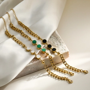 Women Geometric Round Shell Zircon Inlay Bracelet Vintage Stainless Steel Mixed Chain Jewelry Adjustable Lobster Clasp