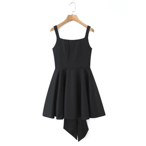 Front view of a black mini dress featuring a square neckline and a sleek A-line silhouette