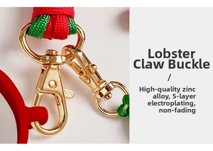 Detail of durable zinc alloy lobster clasp with green and red woven lanyard cord