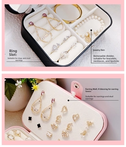 Detail view of portable jewelry box with ring slots and removable dividers in two colors