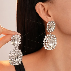 Luxury geometric sparkling rhinestone rectangular drop earrings in silver for women