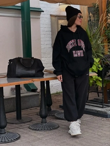 Chic black American style hooded sweatshirt set with varsity print for winter streetwear