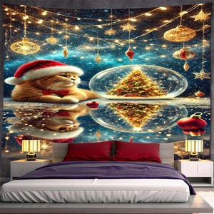Detail showing high-quality polyester Christmas tapestry with festive cat and starry tree
