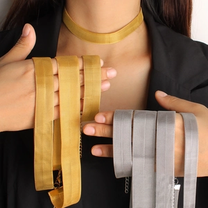 Combinaison de Bijoux en Chaîne à Mailles en Acier Inoxydable Punk pour Femmes Collier Ras du Cou Tissé Métallique Plaqué Or 18K Bracelet Épais