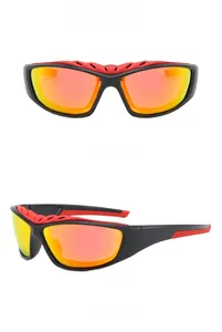 Polarized sports sunglasses detail with black matte frame and colorful red coated lenses