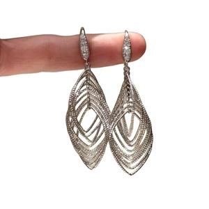 Silver hollow teardrop dangle earrings with cubic zirconia hooks and mesh metal design
