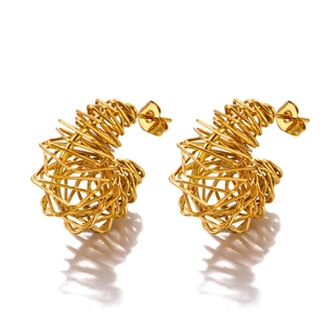 Golden spiral wire-wrapped C-shape hoop earrings made of high-quality stainless steel