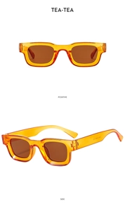 Detail view of vintage rectangle sunglasses featuring transparent orange frames and brown lenses