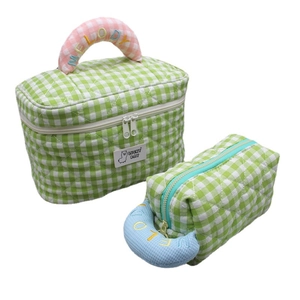 Green checkered quilted makeup bag set with embroidery handle and lucky day label